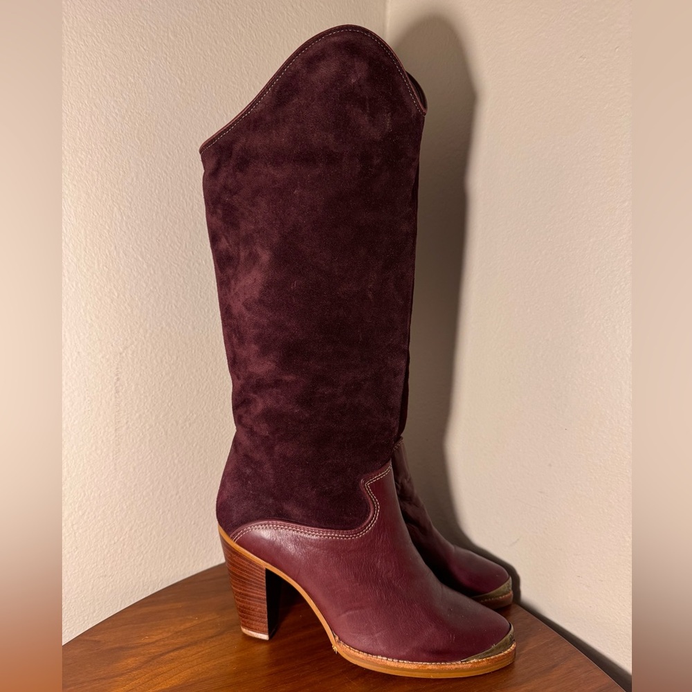 Vintage Zodiac Burgundy Suede Leather Heeled Cowboy Boots Size 7.5